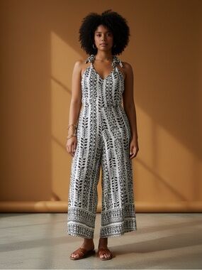 Talisman Temple Botanical Print Wide Leg Jumpsuit XL Ankle Lounge Sundance EUC